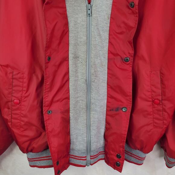 Vtg 90s Cabela's Men Sz XL Red/Gray Full Zip/Snaps Hooded Varsity Bomber Jacket - Picture 10 of 15